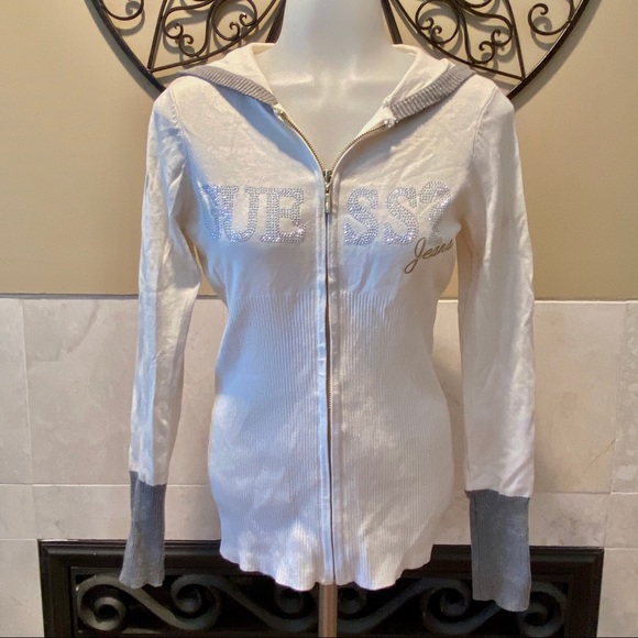 Guess Women’s White & Gray Zip Knit Hooded Sweater - Picture 1 of 10